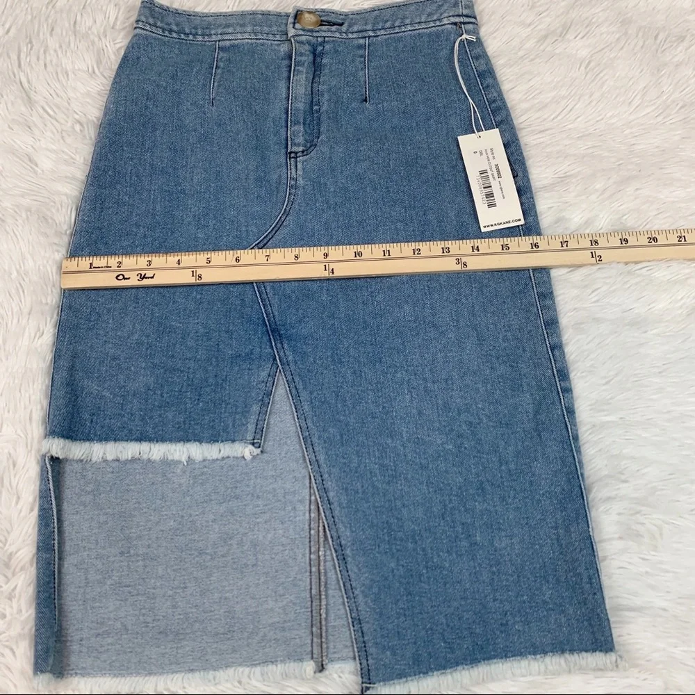 R.G. Kane Raw Hem Cut out Denim Skirt high rise straight‎ a-line